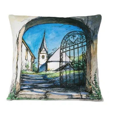 Design Art Gate To Churchyard Under Blue Sky - Mid-century Modern Printed Throw Pillow