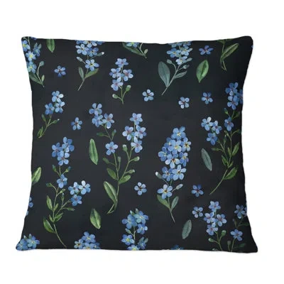 Design Art Gentle Blue Spring Flowers On Black - Traditional Printed Throw Pillow In Blue;black