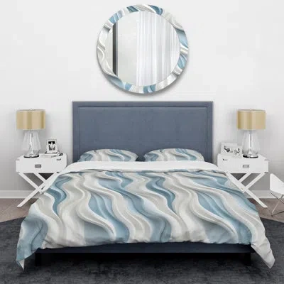 Design Art Gentle Lines - Abstract Duvet Cover Set - Microfiber Polyester In Blue;white