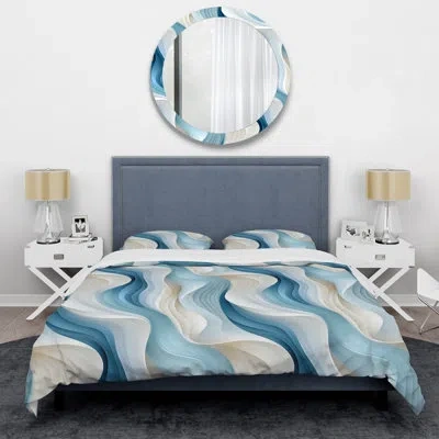 Design Art Gentle Lines I- Abstract Duvet Cover Set - Microfiber Polyester In Blue;white