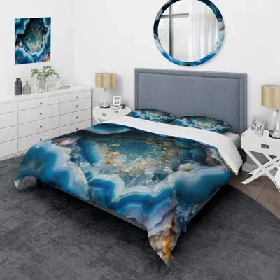 Design Art Geode Gems I Microfiber / Polyester Duvet Cover Setmicrofiber / Polyester Duvet Cover Set In Blue;gold
