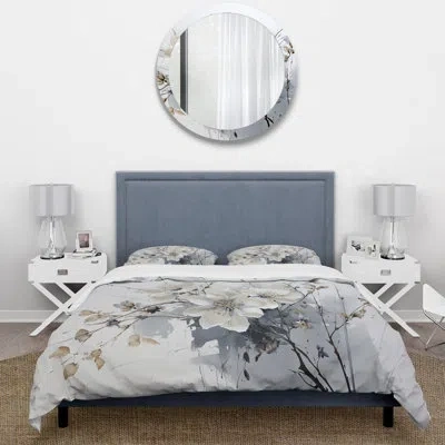 Design Art Geography 4 Pcs Comforter Set - Asian Art Orchids Flowers I Comforter Bedding Set In Grey
