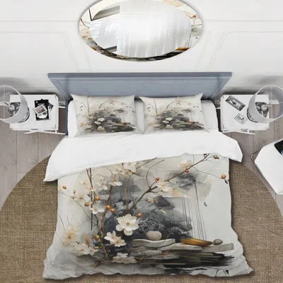Design Art Geography Bedding Set Of 4 - Asian Art Classics Sumi Iii Comforter Bedding Set In White;grey