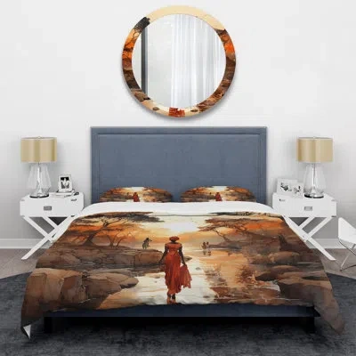 Design Art Geography Comforter Set Of 4 - African Journey Comforter Bedding Set In Black;orange