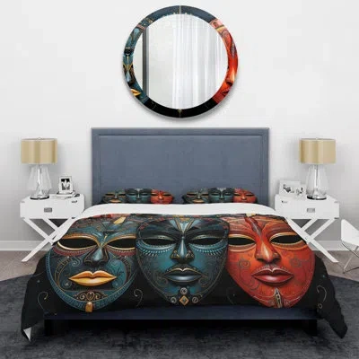 Design Art Geography Comforter Set Of 4 - Red African Masks Iii Comforter Bedding Set In Teal;red