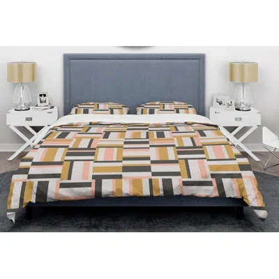 Design Art Geometric Abstract Ix Mid-century Duvet Cover Set In Yellow,pink,gray