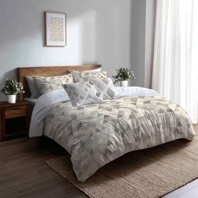 Design Art Geometric Bedding Set Of 6 - Modern Triangles Beige Gray Comforter Bedding Set In Gray;beige