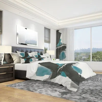 Design Art Geometric Black And Teal Iv - Modern & Contemporary Duvet Cover Set - Microfiber Polyester In White