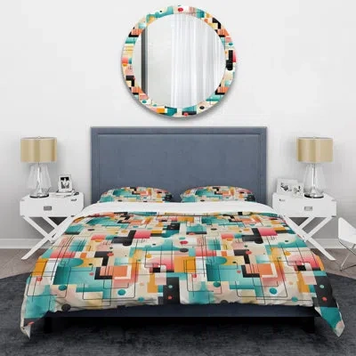 Design Art Geometric Green And Pink Gridlock - Geometric Duvet Cover Set In Blue;yellow;pink