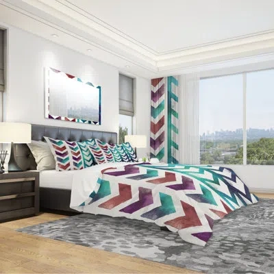 Design Art Geometric Pattern Of Red And Blue Arrows - Transitional Duvet Cover Set - Microfiber Polyester In Green