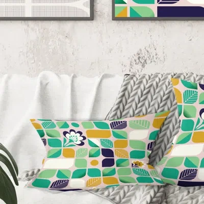 Design Art Geometric Pattern With Leaves And Flowers - Mid-century Modernprinted Throw Pillow In Teal,yellow