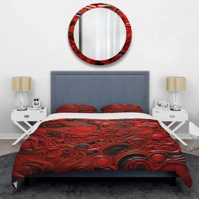 Design Art Geometric Red Tile Ink Fusion - Abstract Tile Duvet Cover Set In Black