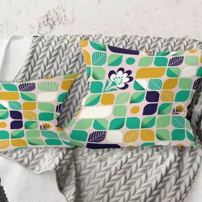 Design Art Geometric Retro Flower Design I - Mid-century Modernprinted Throw Pillow In Teal,yellow
