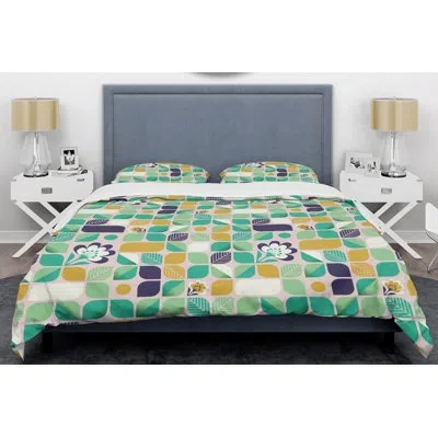 Design Art Geometric With Leaves And Flowers Mid-century Duvet Cover Set In Green