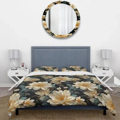 Design Art Gilded Beauty Floral Pattern Ii - Floral Duvet Cover Set In Black;green;beige