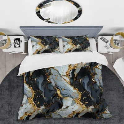 Design Art Gilded Gold And Black Luxe Marble Splendor - Marble Duvet Cover Set In Black;gold