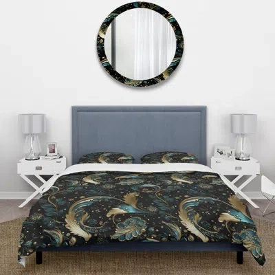 Design Art Gilded Luxe Paisley Pattern Duvet Cover Set In Blue;gold