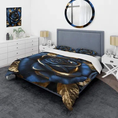 Design Art Gilded Rose In Kings Blue I - Floral Rose Duvet Cover Set - Microfiber Polyester