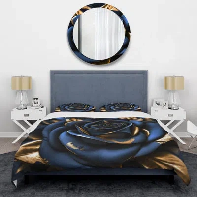 Design Art Gilded Rose In Kings Blue Ii - Floral Rose Duvet Cover Set - Microfiber Polyester