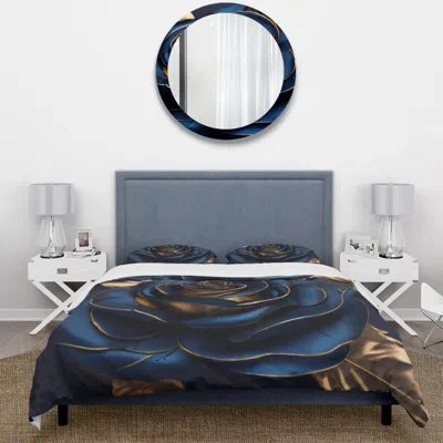 Design Art Gilded Rose In Kings Blue Iii - Floral Rose Duvet Cover Set - Microfiber Polyester