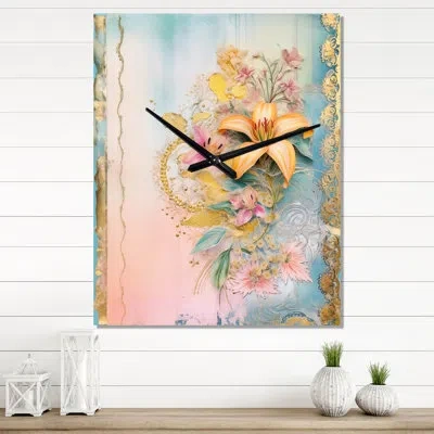 Design Art Gilden Pink Lily Vintage Illustration Ii - Lily Vintage Wall Clock