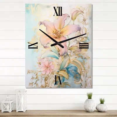 Design Art Gilden Pink Lily Vintage Illustration Iv - Lily Vintage Wall Clock