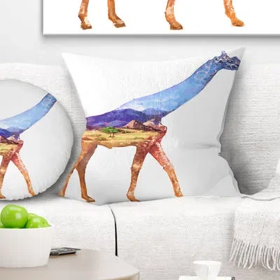 Design Art Giraffe Double Exposure - Animal Printed Pillow In White