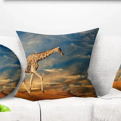Design Art Giraffe On Sand Dune - Animal Printed Pillow In Blue;brown