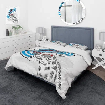 Design Art Giraffe With A Blue Hat And Red Sunglasses - Children Art Duvet Cover Set - Microfiber Polyester In Blue;white