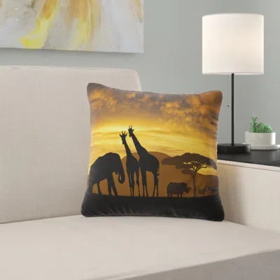 Design Art Giraffes And Elephant And Rhino - Animal Printed Pillow In Black;yellow