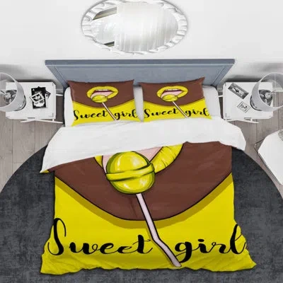 Design Art Girl Licking Yellow Candy - Modern Duvet Cover Set - Microfiber Polyester In Yellow,black,brown