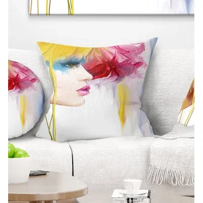 Design Art Girl With Colorful Hair - Street Art Printed Throw Pillow In Yellow;pink