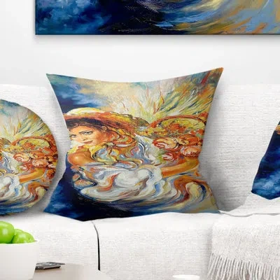 Design Art Girl With Flowers - Floral Printed Throw Pillow In Blue;orange