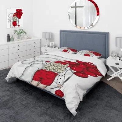 Design Art Girl With Long Hair And Red Heart Shape Balloons - Modern Duvet Cover Set - Microfiber Polyester In White,red