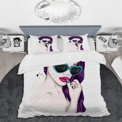 Design Art Girl With Purple Hair And Blue Sunglasses - Modern Duvet Cover Set - Microfiber Polyester In White;purple