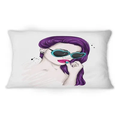 Design Art Girl With Purple Hair And Blue Sunglasses - Modern Printed Throw Pillow