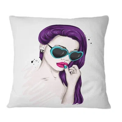Design Art Girl With Purple Hair And Blue Sunglasses - Modern Printed Throw Pillow In White;purple