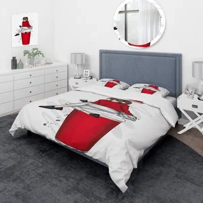 Design Art Girl With Red Sweater On A Red Coffee Cup - Modern Duvet Cover Set - Microfiber Polyester In Red,white