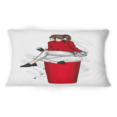 Design Art Girl With Red Sweater On A Red Coffee Cup - Modern Printed Throw Pillow