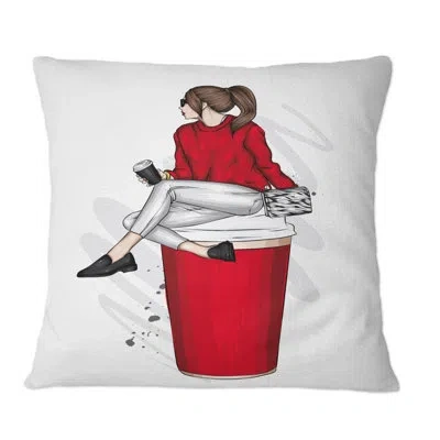 Design Art Girl With Red Sweater On A Red Coffee Cup - Modern Printed Throw Pillow In White;red