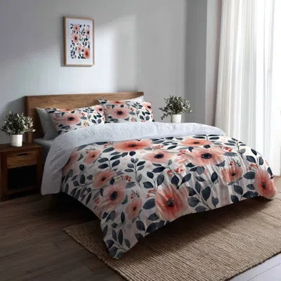 Design Art Girls Garden Bedding Set 3 Pcs - Nature Botanical Flower Garden Twin Duvet Cover And Throw Pillow Se In Black;pink