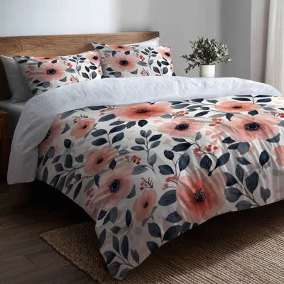 Design Art Girls Garden Comforter Set Of 6 - Nature Botanical Flower Garden Twin With Shams And Throw Pillows In Black;pink