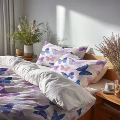 Design Art Girls Insects Bedding Set Of 4 - Airy Butterfly Mist Bed Comforter Set In Blue;pink