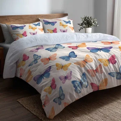 Design Art Girls Insects Comforter Set Of 6 - Playful Butterfly Doodles Comforter Bedding Set In Blue;yellow