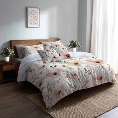 Design Art Girls Minimal Florals 5 Pcs Bedding Set - Serene Blush Fields Duvet Cover And Throw Cushion Set In Green;pink