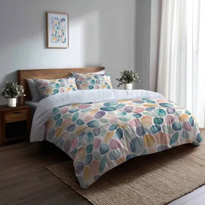 Design Art Girls Organic Shapes Bedding Set 3 Pcs - Modern Pastel Pebbles Duvet Cover And Throw Pillow Set In Green;yellow