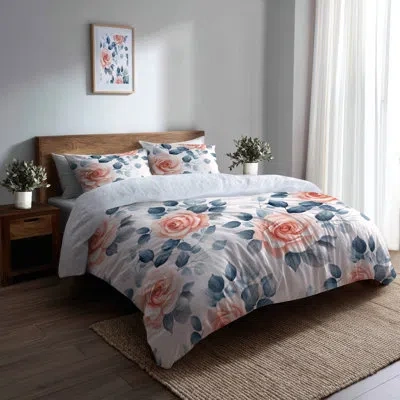 Design Art Girls Romantic Florals 3 Pcs Bedding Set - Garden Pastel Rose Garden Duvet Cover And Throw Pillow Se In Red;green