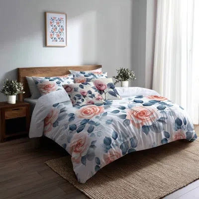 Design Art Girls Romantic Florals 5 Pcs Bedding Set - Garden Pastel Rose Garden Duvet Cover And Throw Pillow Se In Red;green