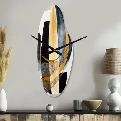 Design Art Glam Art Deco Abstract I - Abstract Asymmetrical Metal Wall Clock, Modern Curved Wall Clock Print In Black;gold