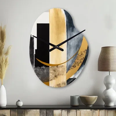 Design Art Glam Art Deco Abstract I - Abstract Irregular Shape Metal Wall Clock, Modern Asymmetrical Wall Clock In Black